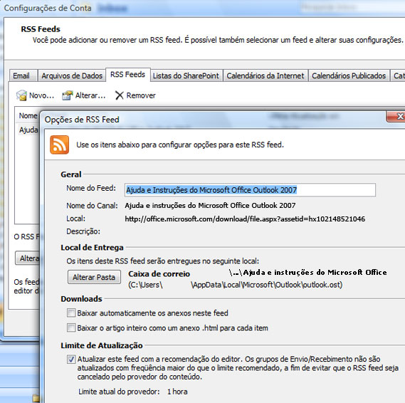 Opções de RSS Feed no Outlook 2007