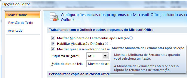 Configuração de Minibarra de Ferramentas em Opções de Editor do Outlook