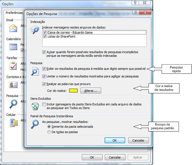 Caixa de diálogo de opções de pesquisa do Outlook