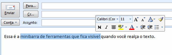 Minibarra de ferramentas com opções de formatação