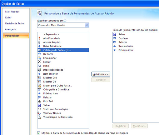 Personalização QAT desabilitada em Opções de Editor