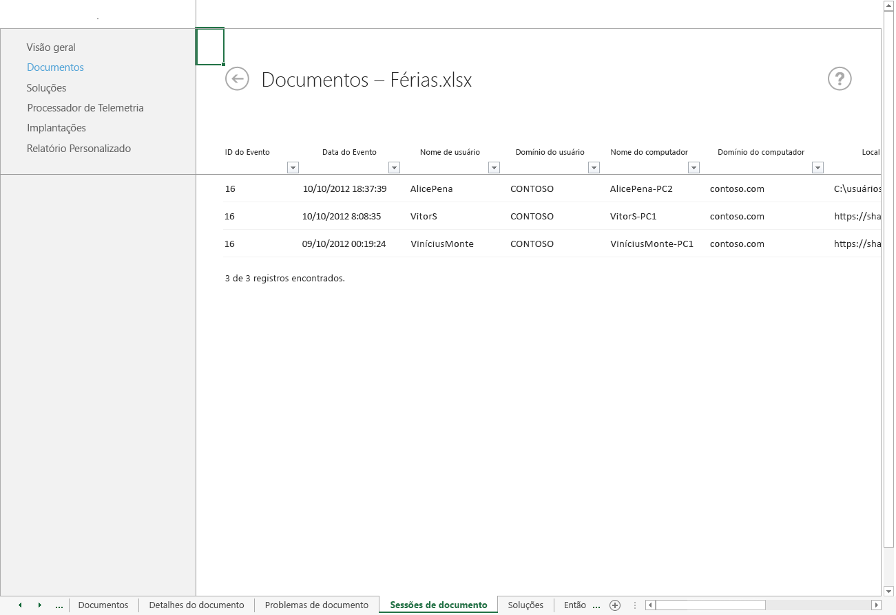 Uma captura de tela da planilha Sessões de documento do Painel de Telemetria do Office.