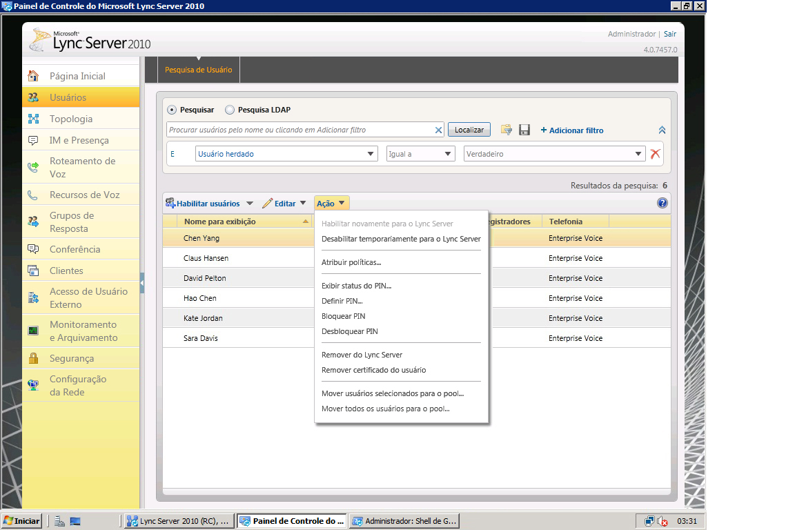 Painel de Controle do Lync Server Mover usuários selecionados