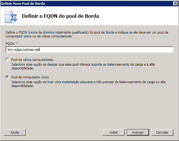 Caixa de diálogo Definir o FQDN do pool de borda