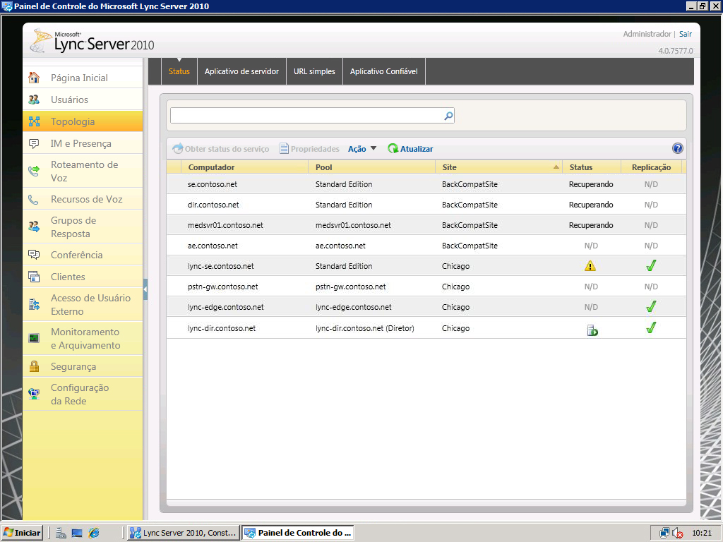 Painel de Controle do Lync Server Topologia após mesclagem