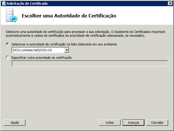 Caixa de diálogo Escolher uma autoridade de certificação