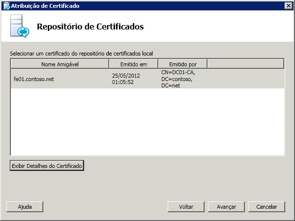 Página Status da solicitação de certificado online