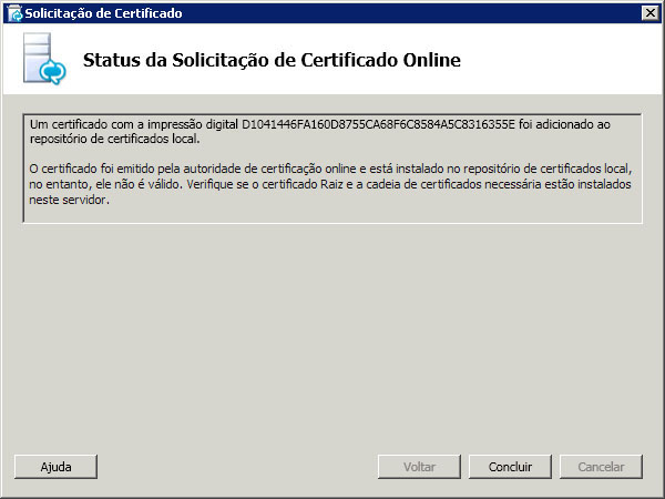 Caixa de diálogo de Status da solicitação de certificado