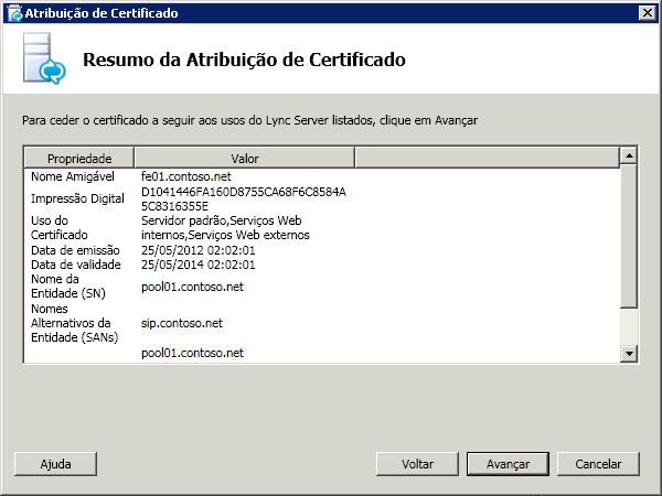 Página Resumo de atribuições de certificado