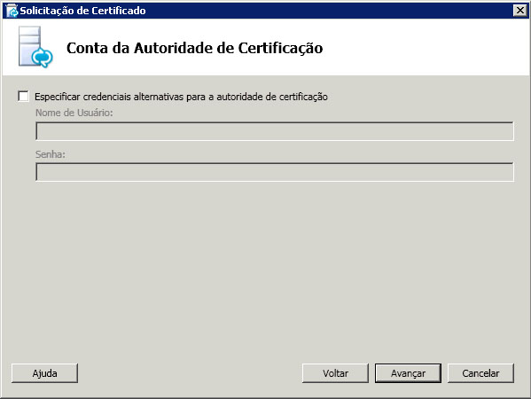 Caixa de diálogo da Conta da autoridade de certificação