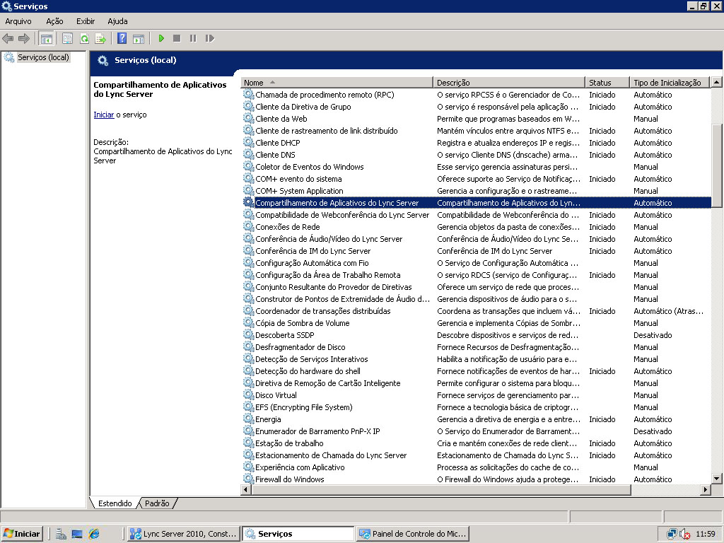 Serviço iniciado do Lync Server