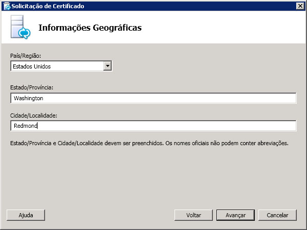 Caixa de diálogo Informação geográfica