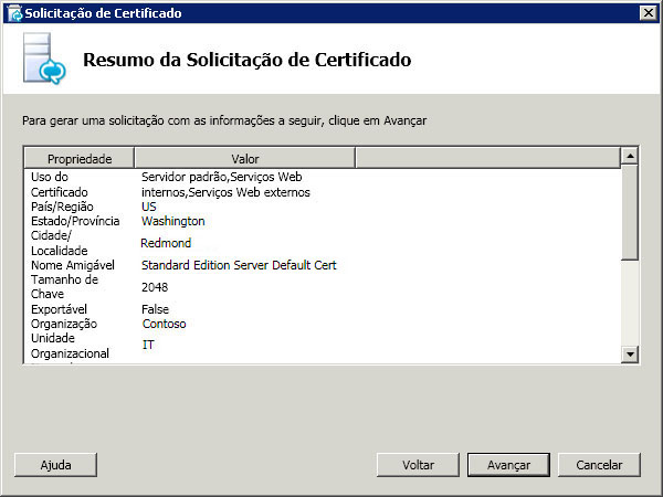 Caixa de diálogo de Resumo da solicitação de certificado