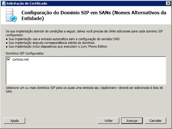 Caixa de diálogo Configuração de domínio SIP no SAN