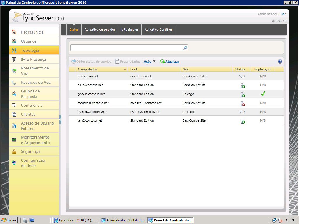 Página de Topologia do Painel de Controle do Lync Server