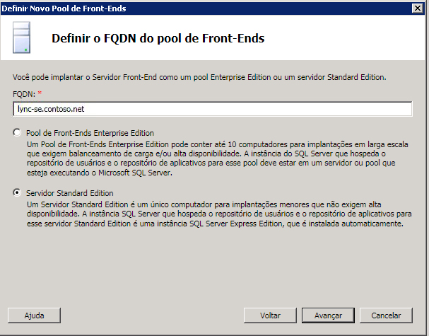 Caixa de diálogo Definir o FQDN do pool de front-ends