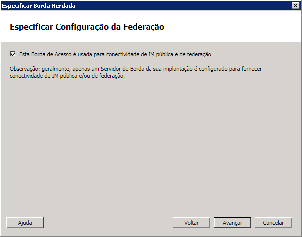 Caixa de diálogo Especificar configurações da federação