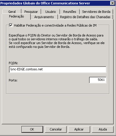 Propriedades globais do Office Communications Server