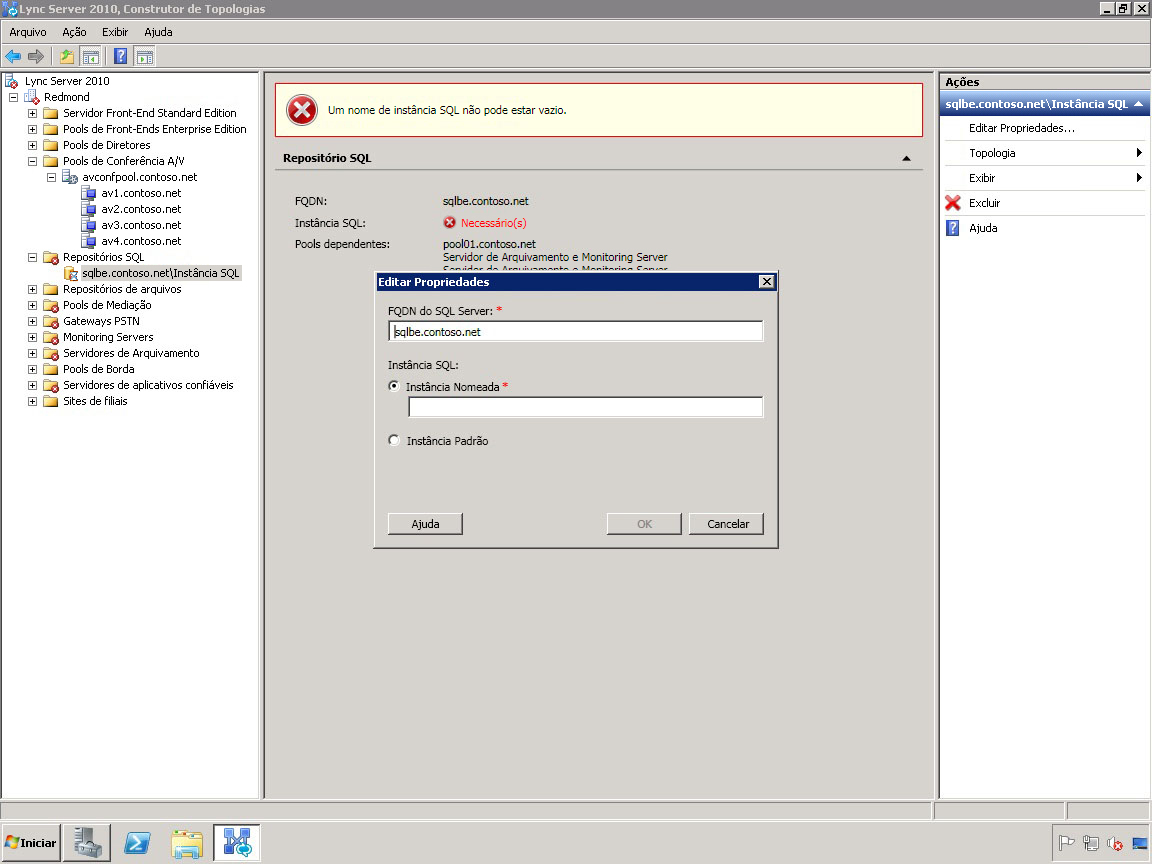 Instância Editar Repositórios do SQL do Construtor de Topologia