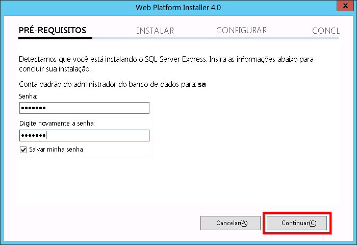 Instalação expressa do SQL do gerenciamento de serviços com Web