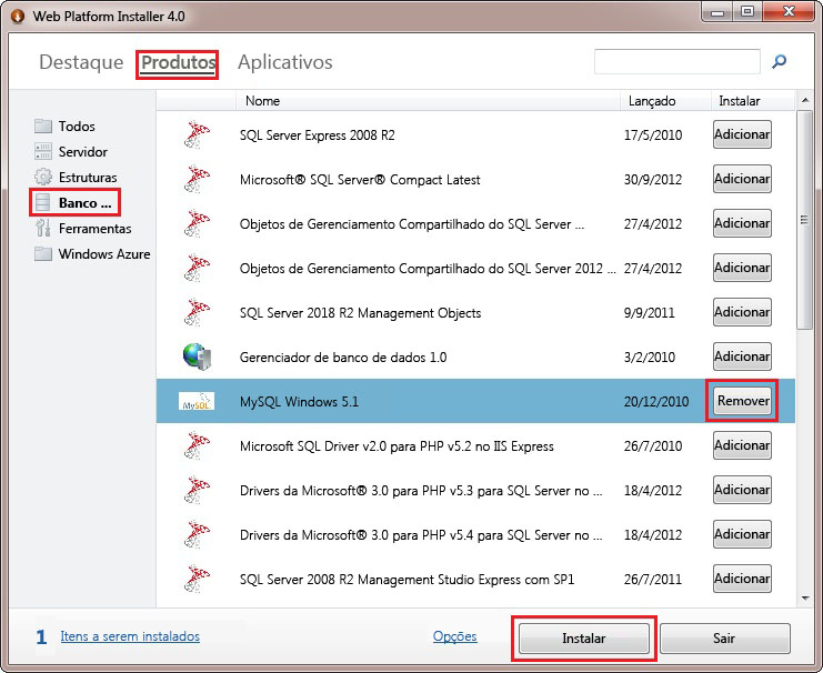 Instalação do My SQL Server do gerenciamento de serviços