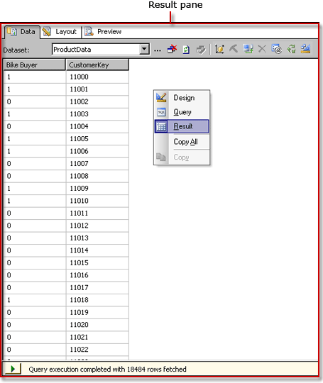 Analysis Services DMX query designer, result view