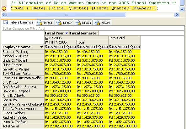 Valores existentes fixados com a função FREEZE