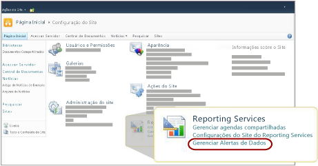 Seção Reporting Services da página Configurações de Site