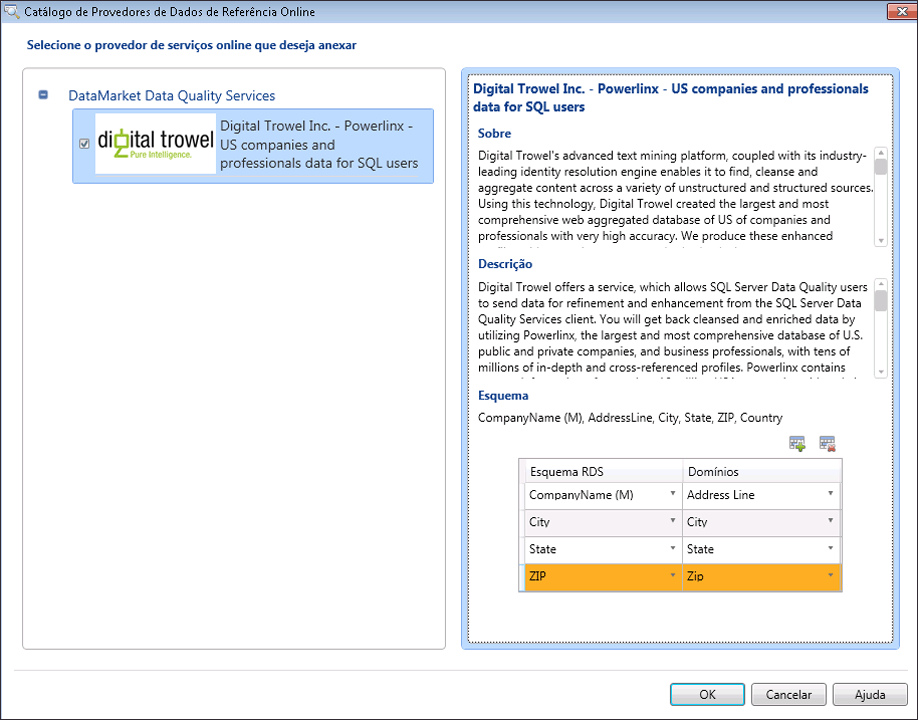 Caixa de diálogo Catálogo de Provedores de Dados de Referência Online