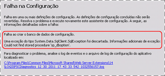 Erro no assistente de configuração do farm