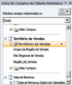 A hierarquia Região de Vendas na lista de campos