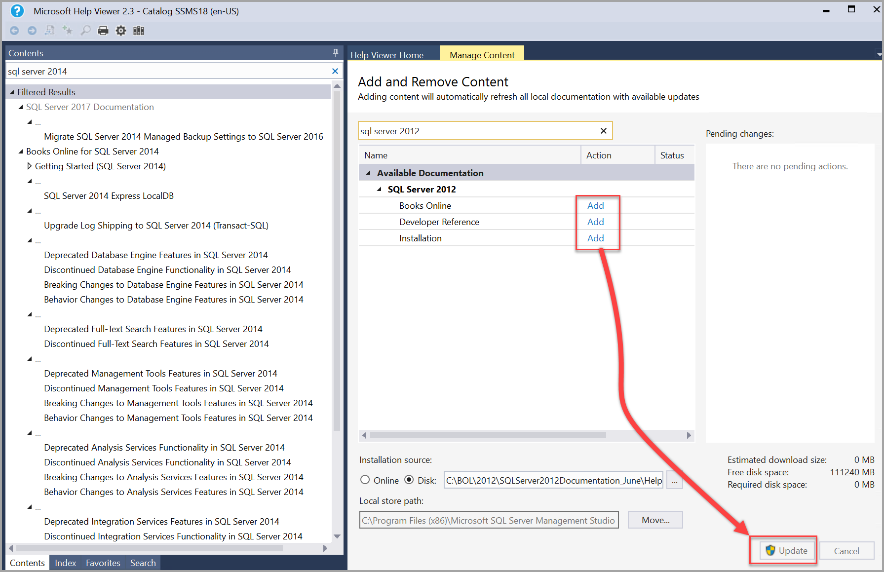 Atualização e adição de manuais do SQL Server 2012 no Help Viewer