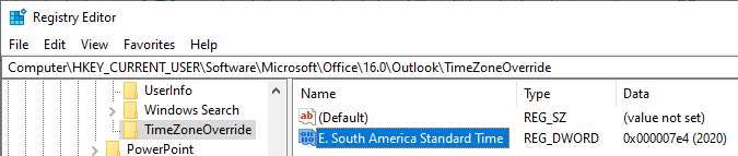 Captura de tela da configuração da chave do Registro TimeZoneOverride.
