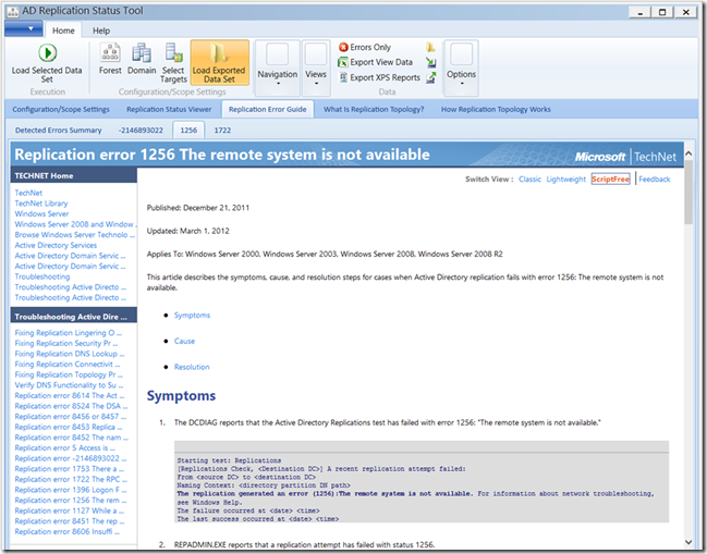 O artigo do TechNet para o Erro 1256 de replicação do Active Directory é exibido.