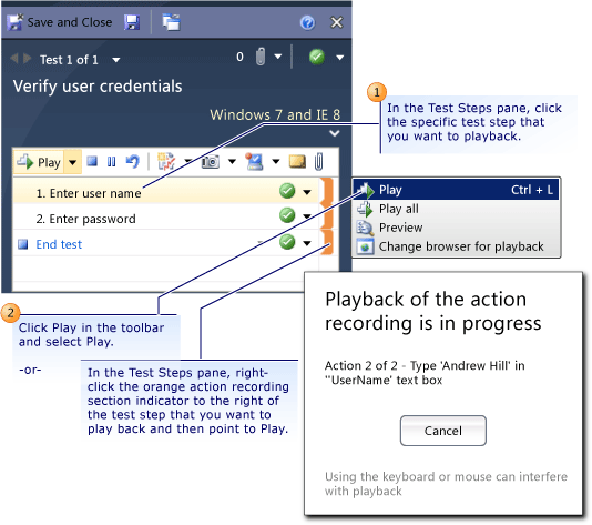 Reprodução da gravação de ações no Test Runner