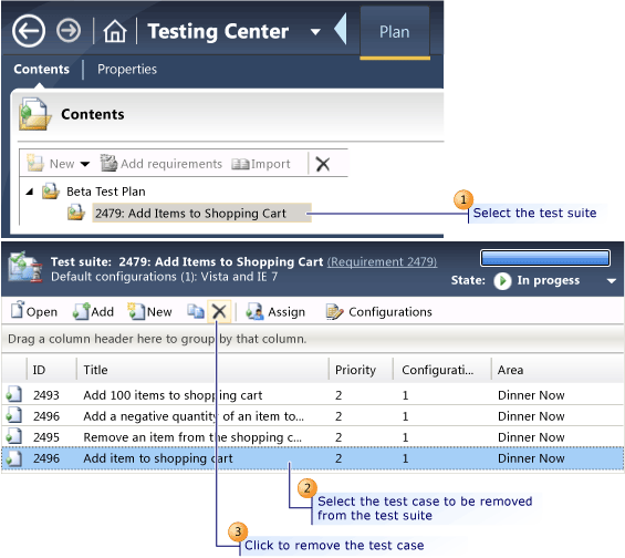 Remover um caso de teste de um conjunto de testes