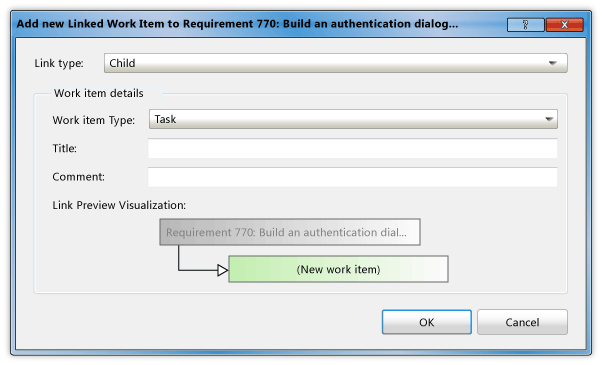 Add new linked work item dialog box