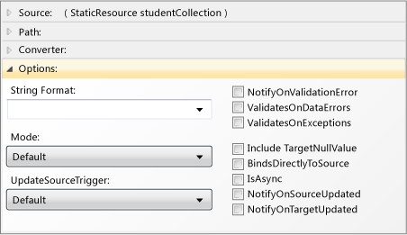 Opções<>>painel da <>builder de ligação de data\ de> 