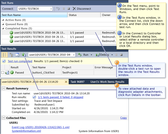 Abrindo e exibindo <>detalhes e resultados de teste>