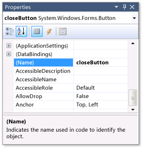 Janela de propriedades com nome closeButton