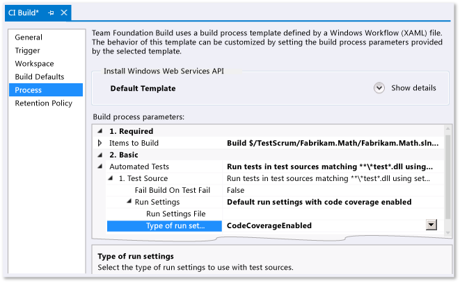 Configurando a definição de compilação para cobertura de código