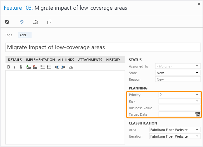 Feature work item form for Agile