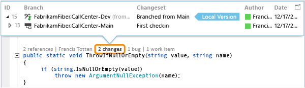 CodeLens: Encontrar quando o código foi ramificado