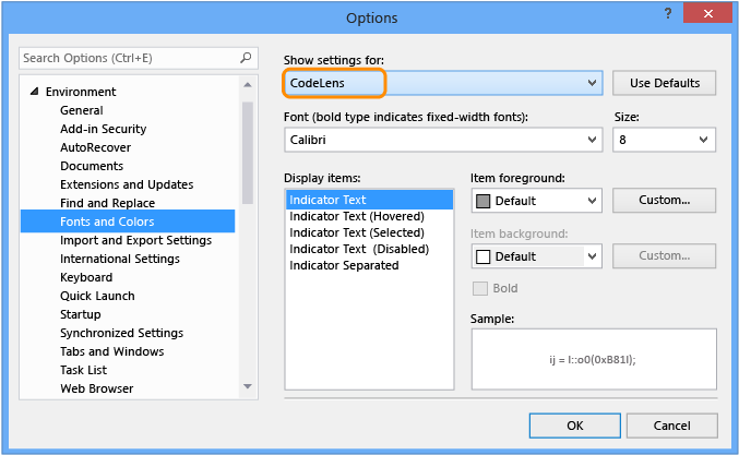 CodeLens - alterar configurações de fonte e cor