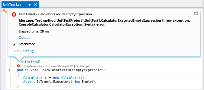 CodeLens - consulte resultado de teste de unidade