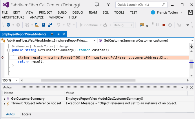 Go to application code from an exception event