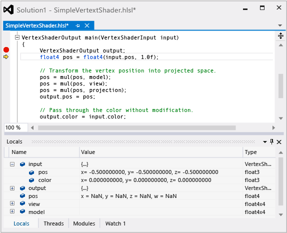 Debugging HLSL using watch and call stack windows.