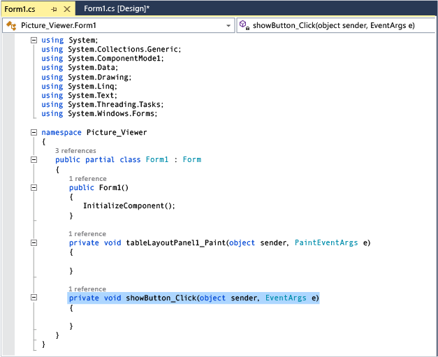 Form1.cs tab with Visual C# code