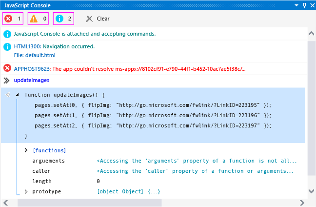 JavaScript Console Window showing a visualizer