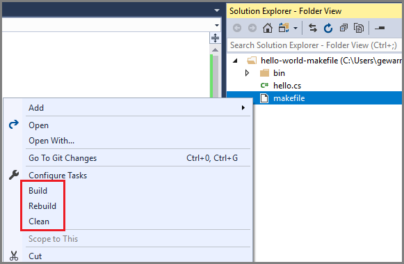 makefile context menu with build, rebuild, and clean